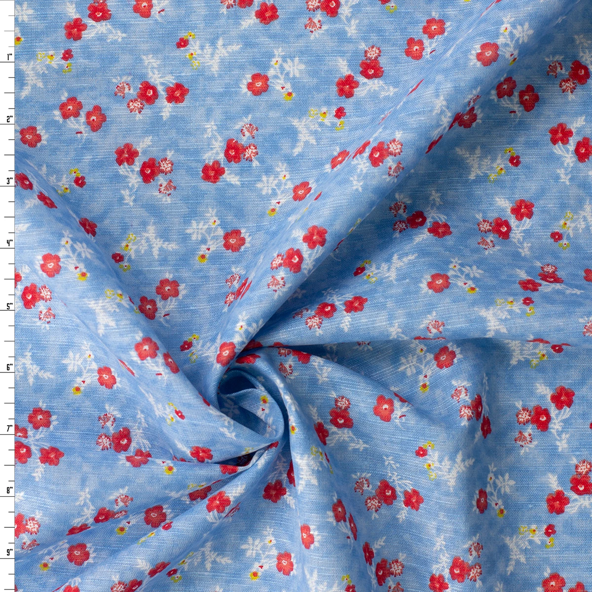 Red Posies on Mottled Sky Italian Linen/Cotton #32629 Fabric By The Yard