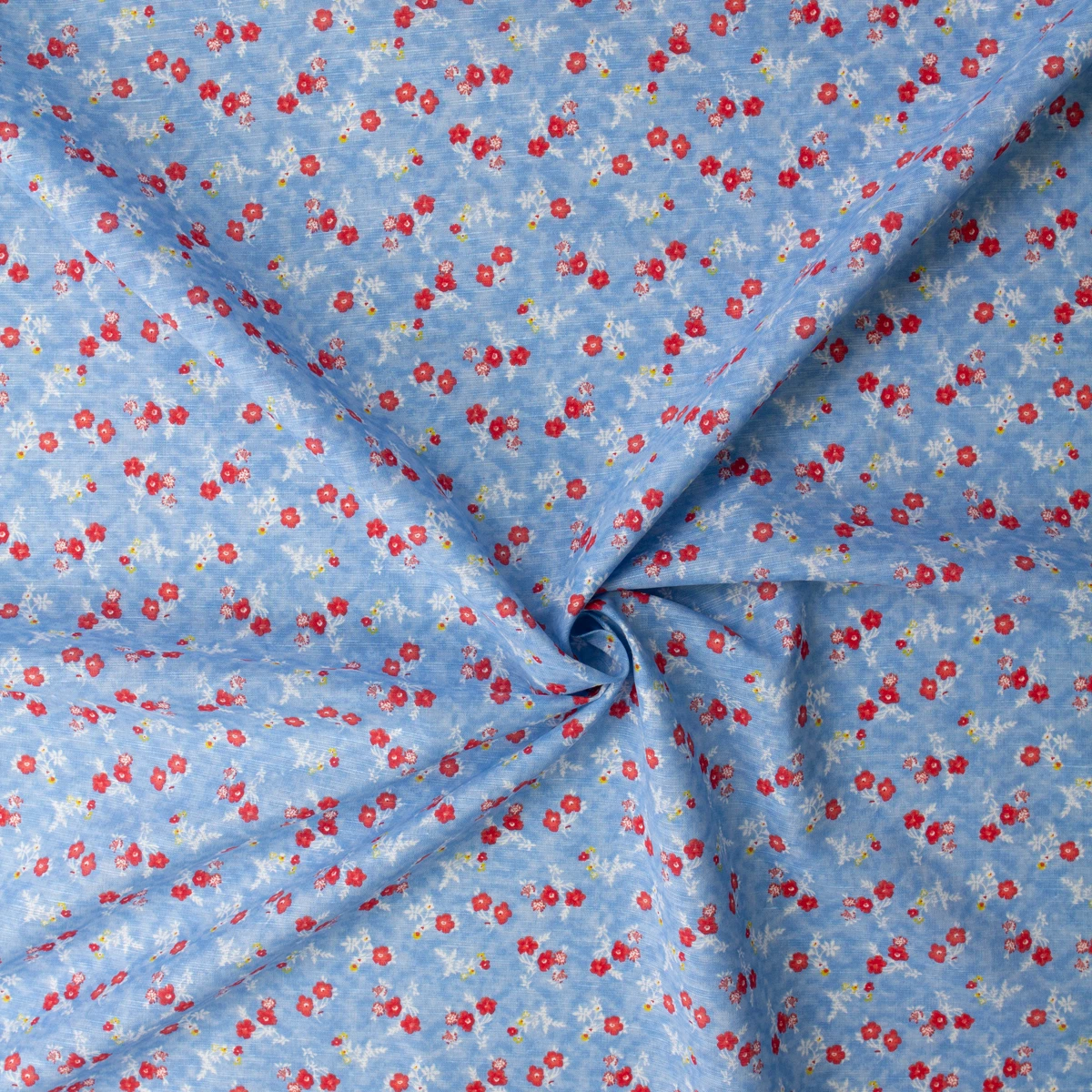 Red Posies on Mottled Sky Italian Linen/Cotton #32629 Fabric By The Yard - Wide shot