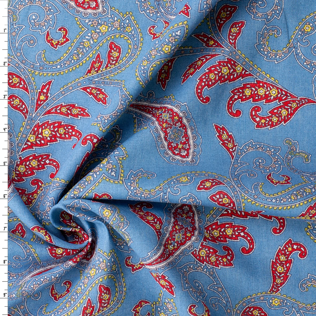 Red, Yellow, and White leafy Paisley on Sky Blue Italian Linen/Cotton #32630 Fabric By The Yard