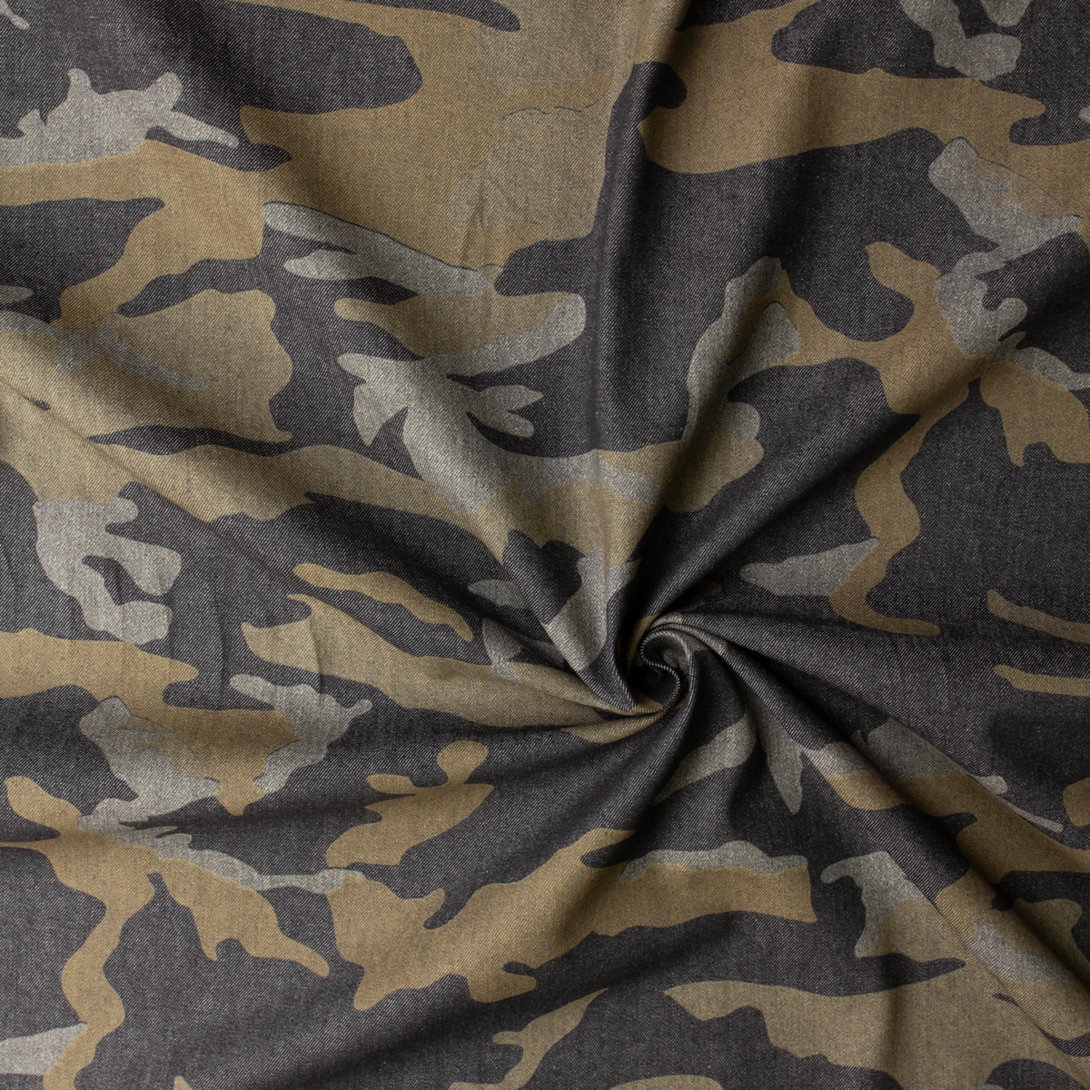 Sand, Tan, and Black Camouflage 10.7oz Italian Stretch Denim #32637 Fabric By The Yard - Wide shot