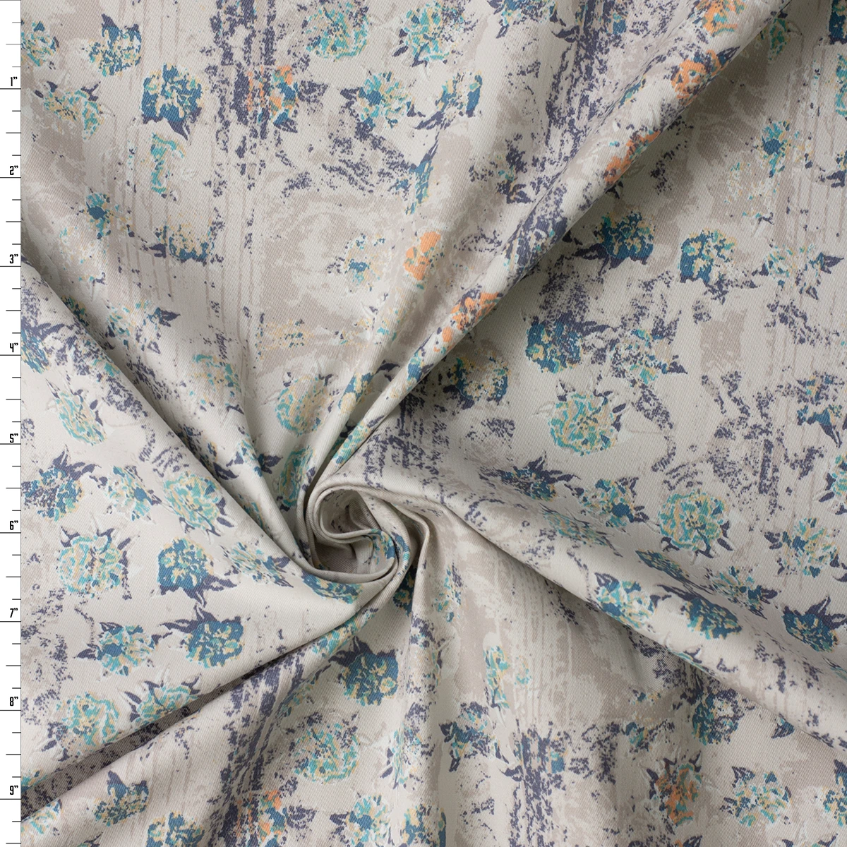 Blue and Charcoal Tiled Grunge Floral Stretch Cotton Poplin #32656 Fabric By The Yard