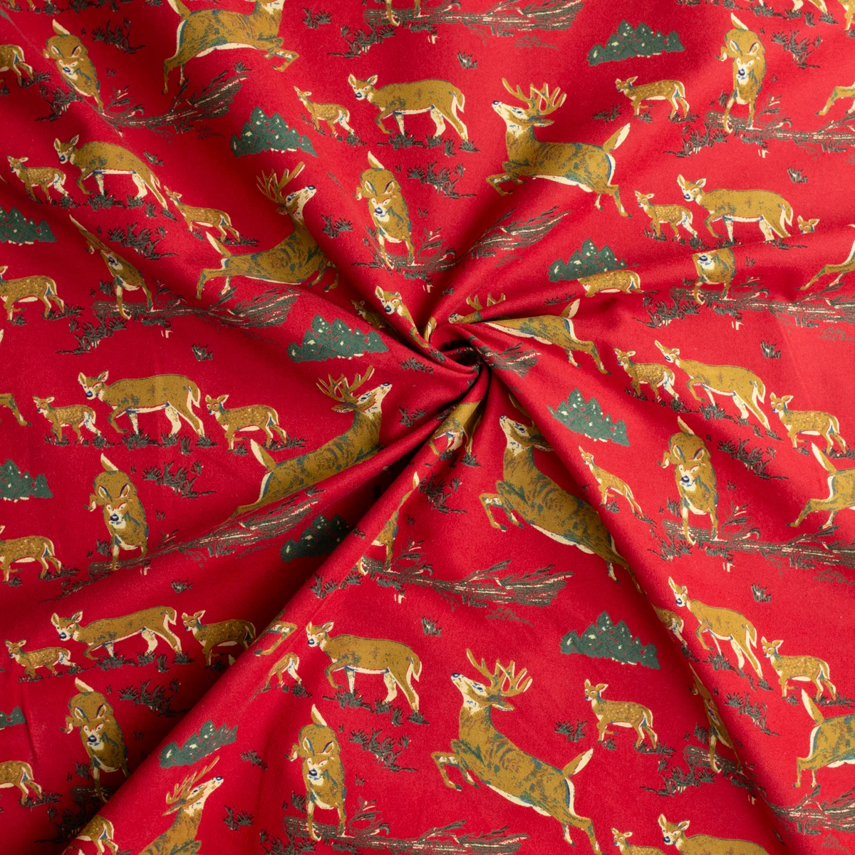 Deer in the Forest on Bright Red Heavyweight Italian Cotton Flannel #32670 Fabric By The Yard - Wide shot