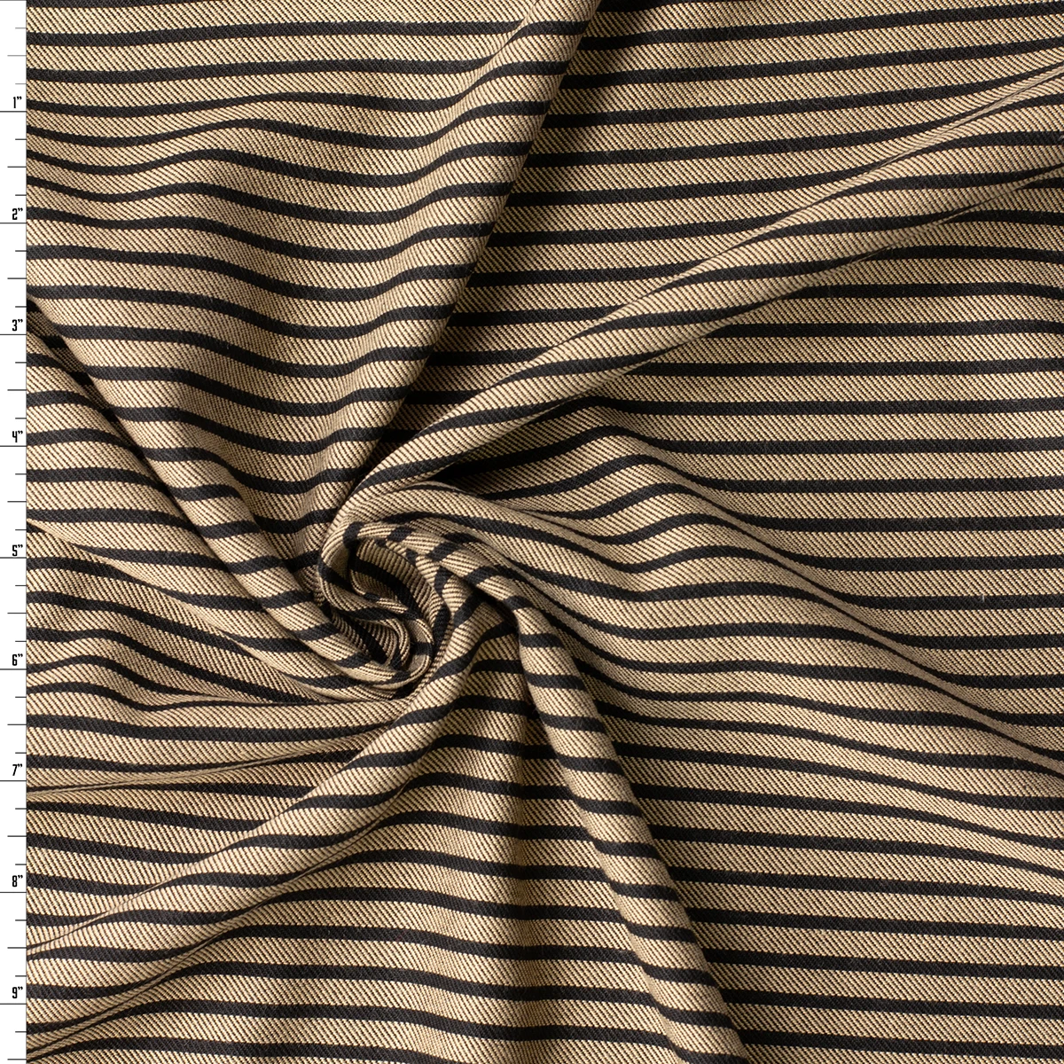 Black and Tan Horizontal Stripe Italian Cotton Flannel #32673 Fabric By The Yard
