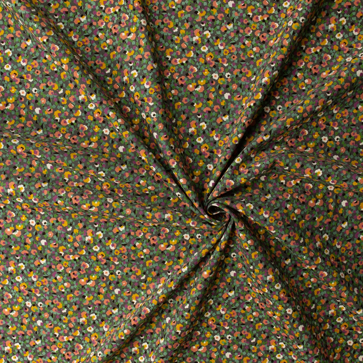 Terracotta and Olive Geo Floral on Charcoal Japanese Pinwale Corduroy from Hokkoh #32703 Fabric By The Yard - Wide shot