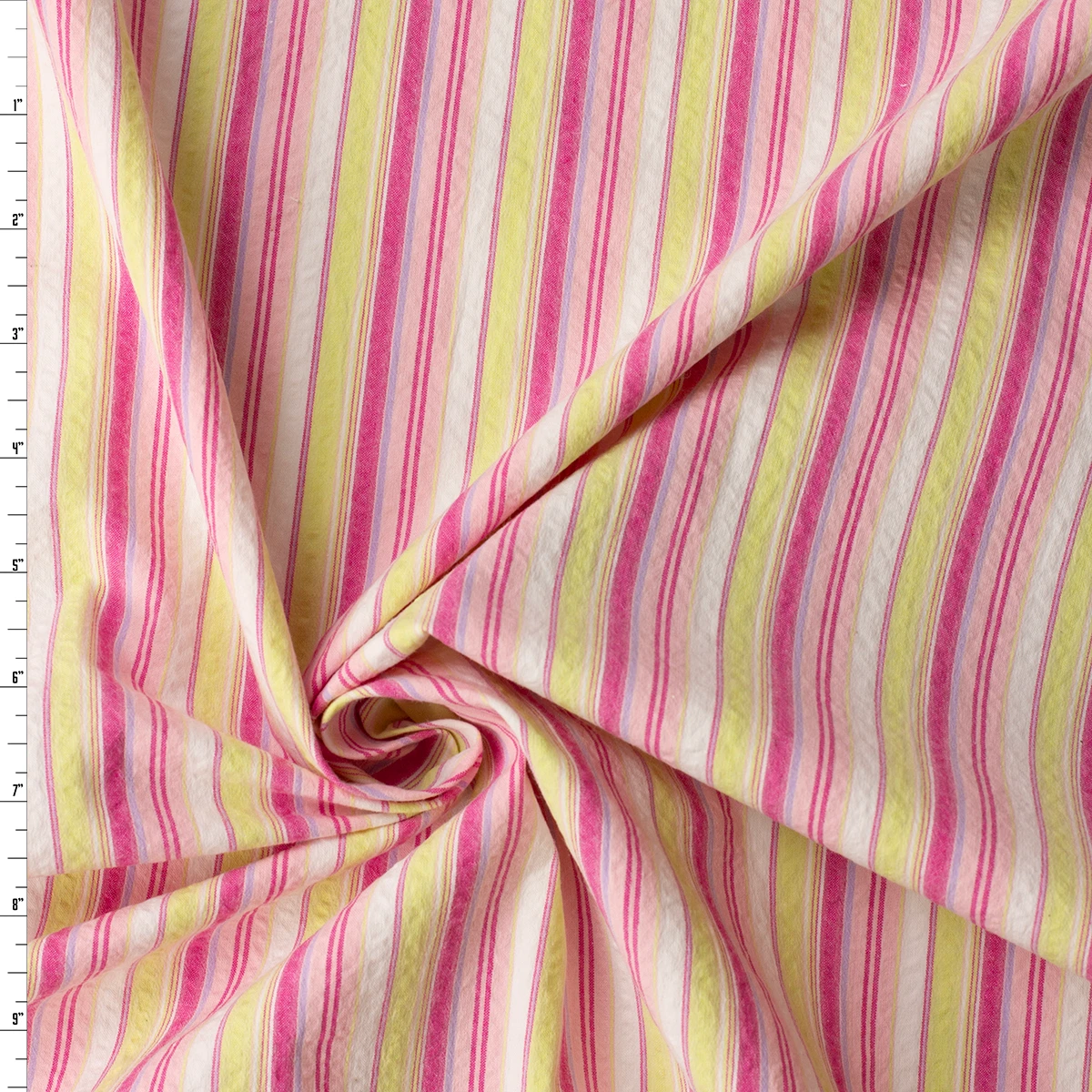 Pink, Yellow, and White Vertical Stripe Cotton Seersucker #32710 Fabric By The Yard