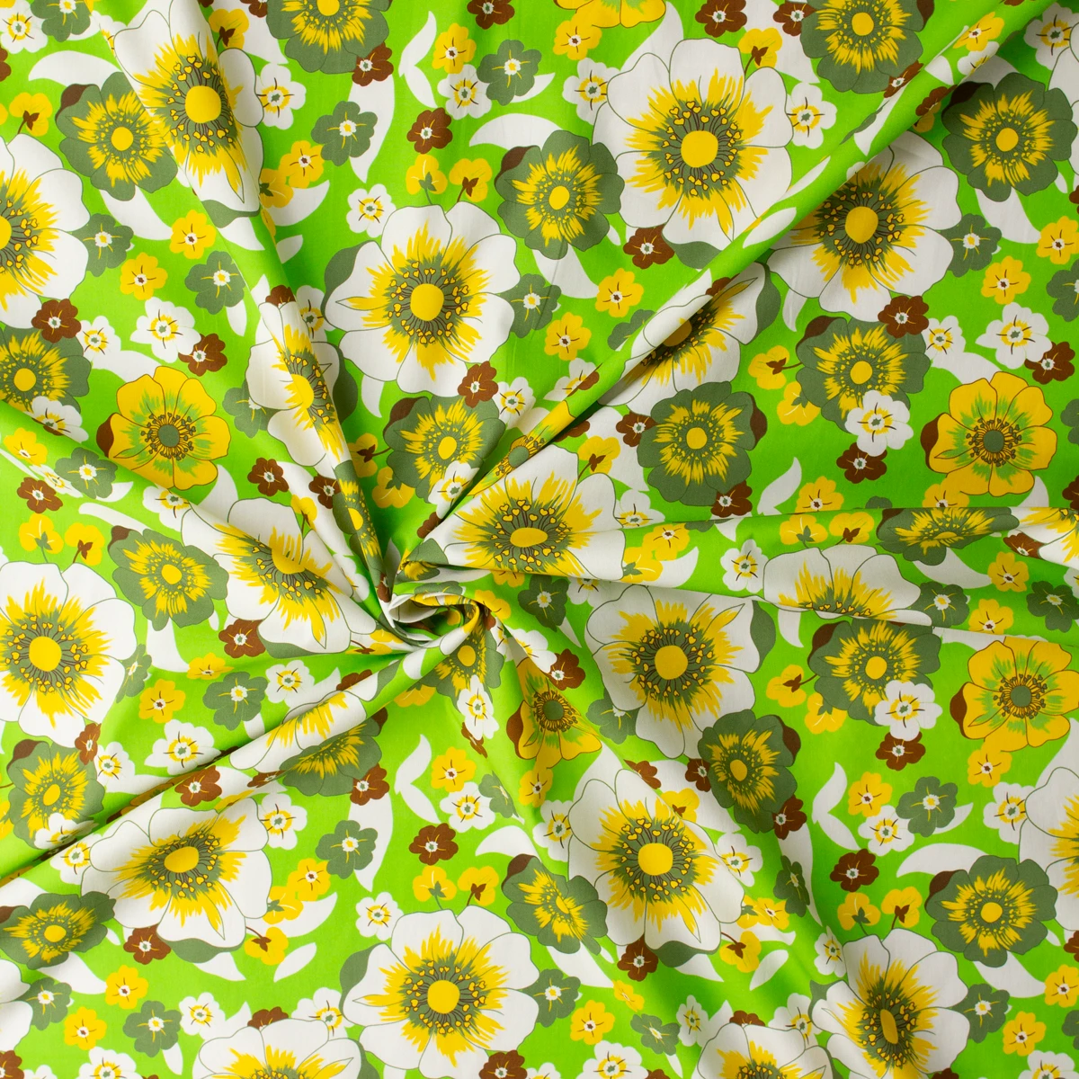 Retro Floral on Neon Lime Italian Cotton Lawn #32718 Fabric By The Yard - Wide shot