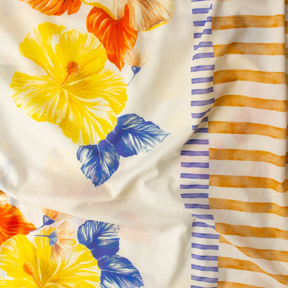 Hand Painted Hibiscus Border Print Italian Cotton Lawn #32734 Fabric By The Yard - Wide shot