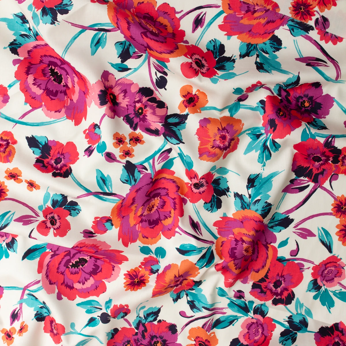 Rose Floral Border Print on Offwhite Japanese Cotton Sateen #32736 Fabric By The Yard - Wide shot