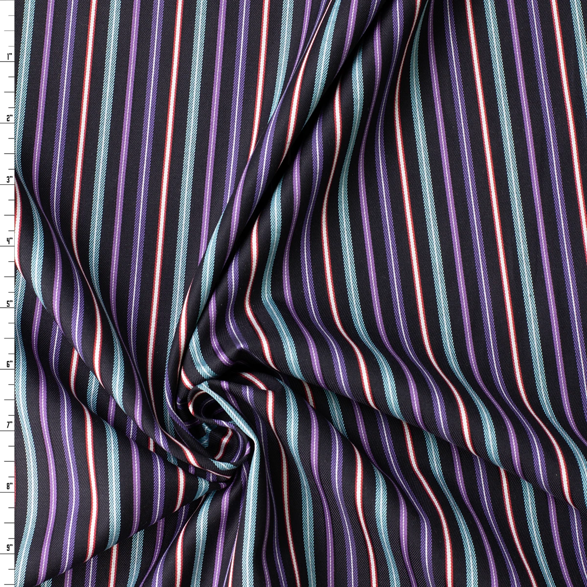 Purple, Aqua, and Red Vertical Stripe on Black Japanese Shirt Weight Cotton Twill #32754 Fabric By The Yard