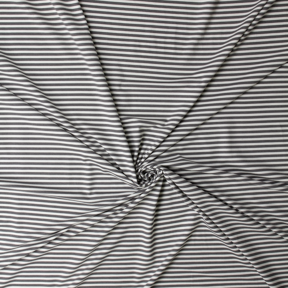 Grey and White Horizontal Mini Stripes Designer Stretch Rayon Jersey Knit #32909 Fabric By The Yard - Wide shot