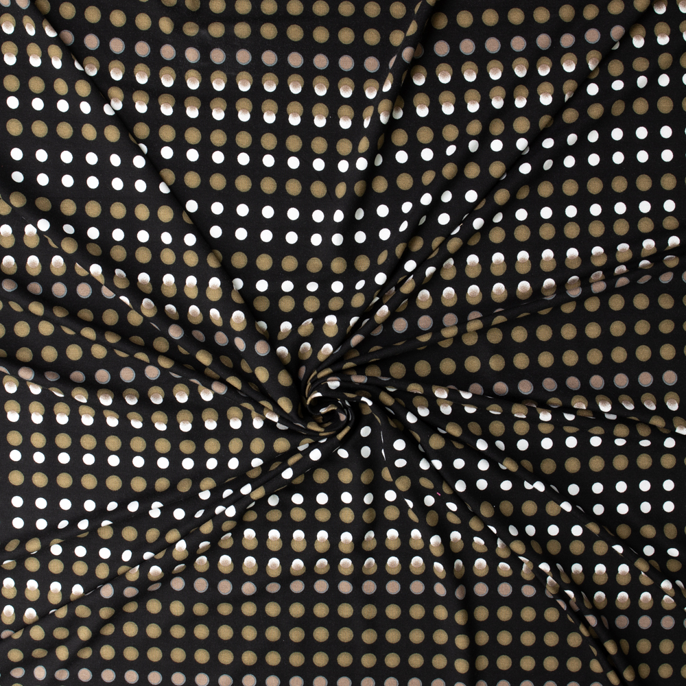 Cappuccino, White, and Black Layered Geo Dots Designer Stretch Rayon Jersey Knit #32910 Fabric By The Yard - Wide shot