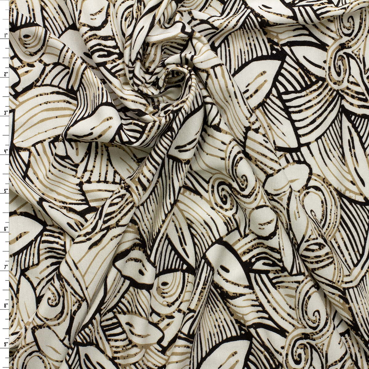 Espresso on Ivory Swirling Leaves Designer Stretch Rayon Jersey Knit #32911 Fabric By The Yard