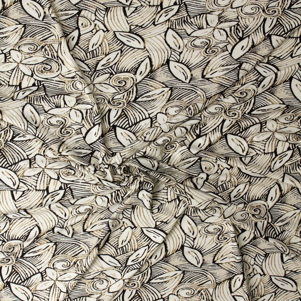 Espresso on Ivory Swirling Leaves Designer Stretch Rayon Jersey Knit #32911 Fabric By The Yard - Wide shot