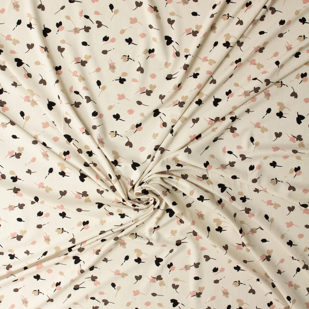 Black, Tan, and Blush Layered Buds on Ivory Designer Stretch Rayon Jersey Knit #32913 Fabric By The Yard - Wide shot