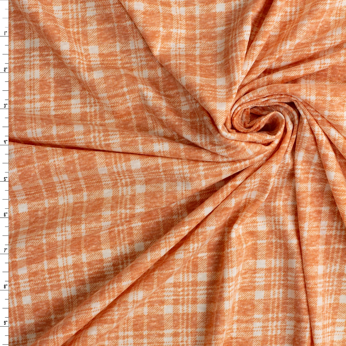 Pumpkin and White Washed Grunge Plaid Designer Stretch Cotton Jersey Knit #32920 Fabric By The Yard