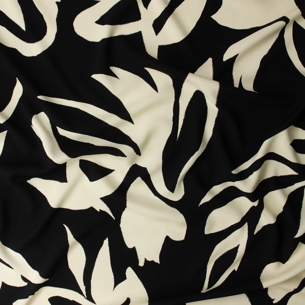 Ivory and Black Brushstroke Floral Silhouettes Viscose Challis #32938 Fabric By The Yard - Wide shot