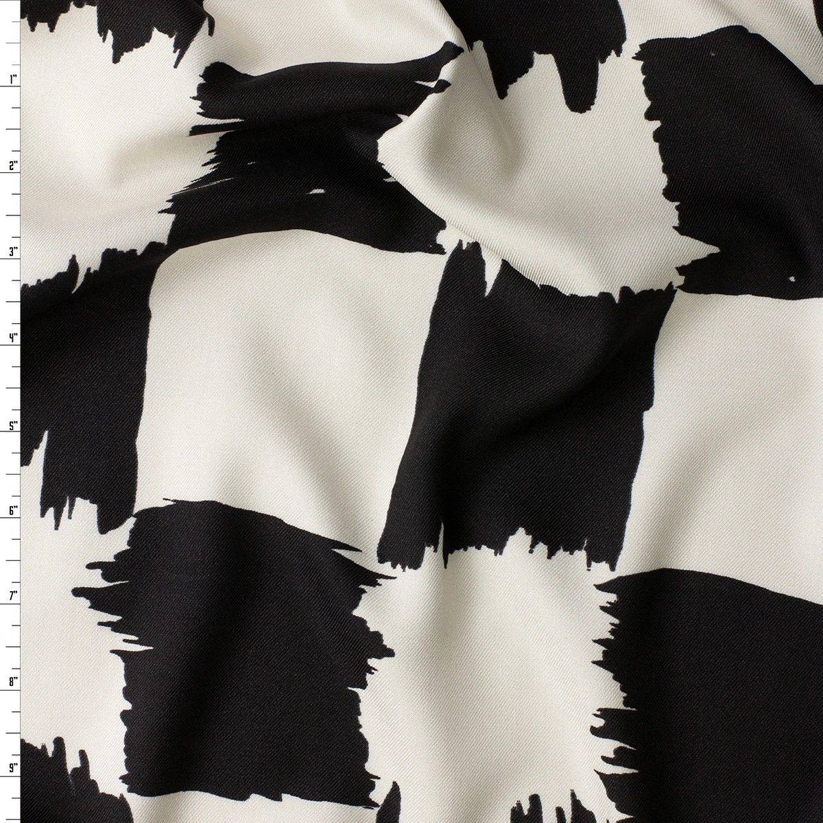 Ivory and Black Brushstroke Checkerboard Viscose Twill #32939 Fabric By The Yard