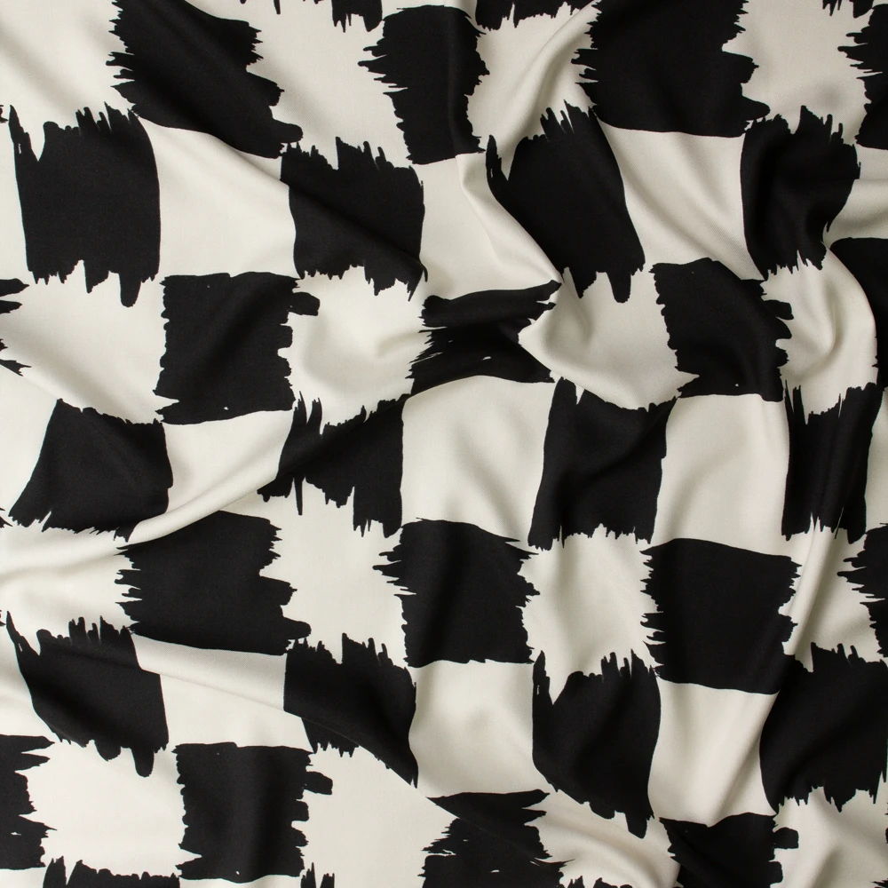 Ivory and Black Brushstroke Checkerboard Viscose Twill #32939 Fabric By The Yard - Wide shot