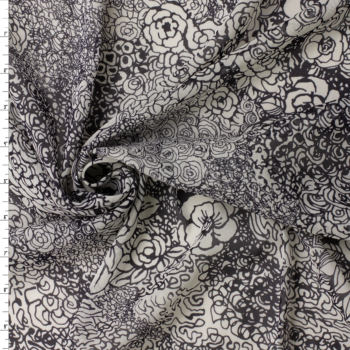 Black on Warm White Sketch Floral Silk Chiffon #32965 Fabric By The Yard