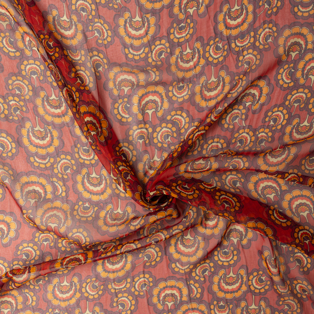 Red and Orange Retro Floral Silk Chiffon #32967 Fabric By The Yard - Wide shot