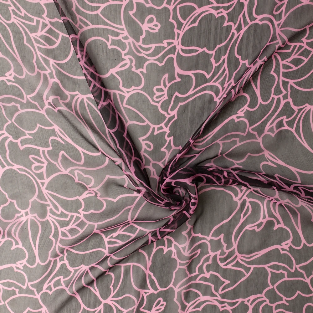 Hot Pink and Black Layered Outline Floral Silk Chiffon #32970 Fabric By The Yard - Wide shot