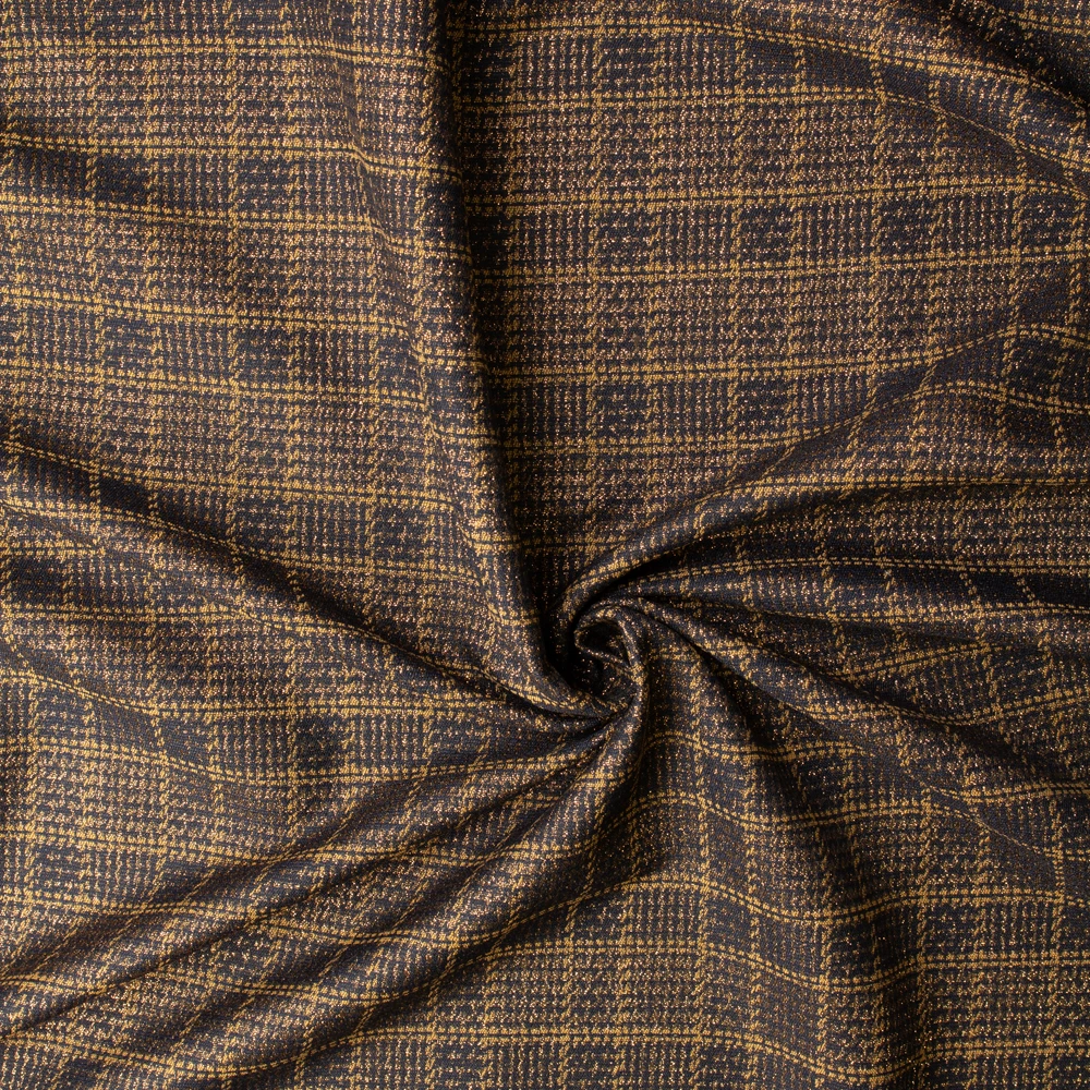 Metallic Rust and Black Houndstooth Plaid Designer Brocade #32973 Fabric By The Yard - Wide shot