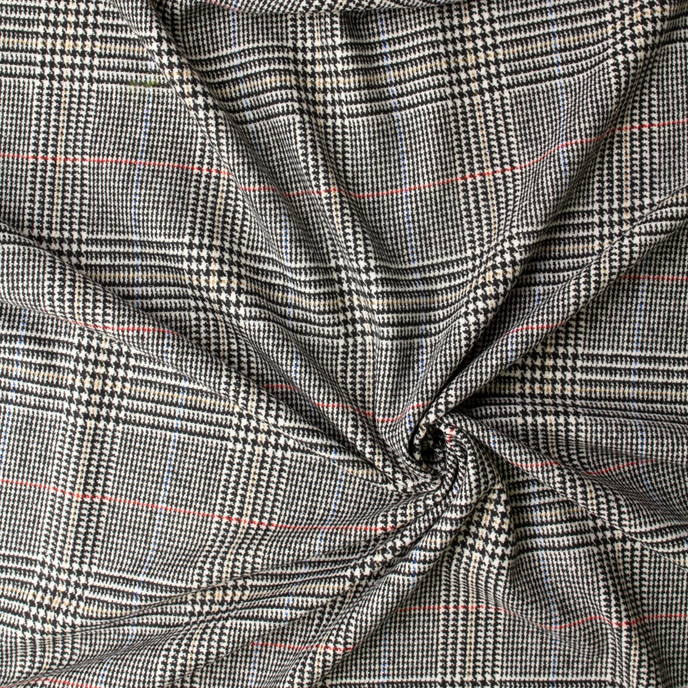 Black, Offwhite, Red, and Tan Prince of Wales Check Coating Weight Brushed Wool Tweed #32980 Fabric By The Yard - Wide shot