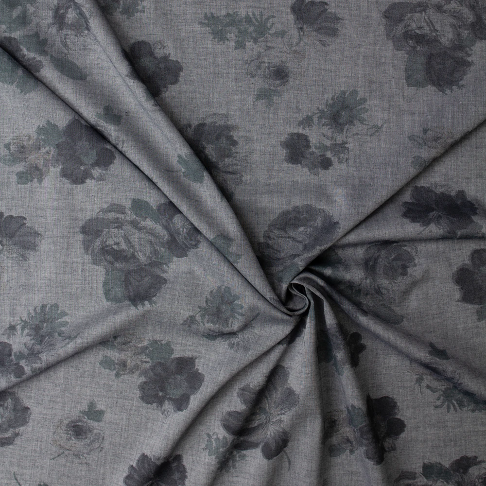 Watercolor Shadow Floral on Charcoal Cotton Chambray #32987 Fabric By The Yard - Wide shot