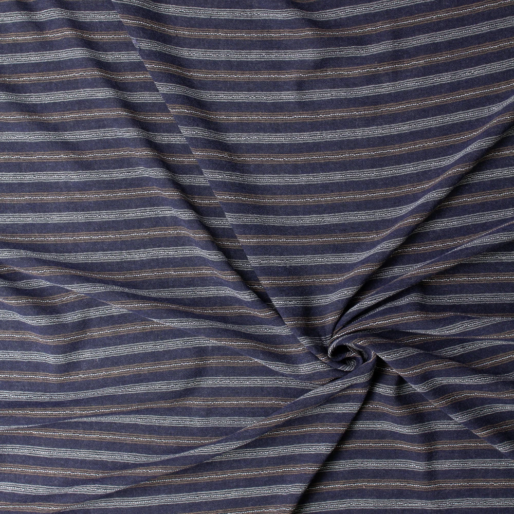 Navy, Tan, and Grey Horizontal Stripe Wool Jersey #33015 Fabric By The Yard - Wide shot