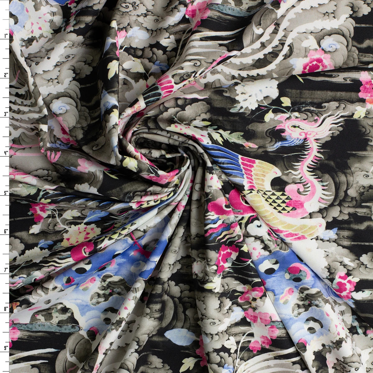 Asian Phoenix on Greyscale Clouds Nylon/Spandex Knit #33024 Fabric By The Yard