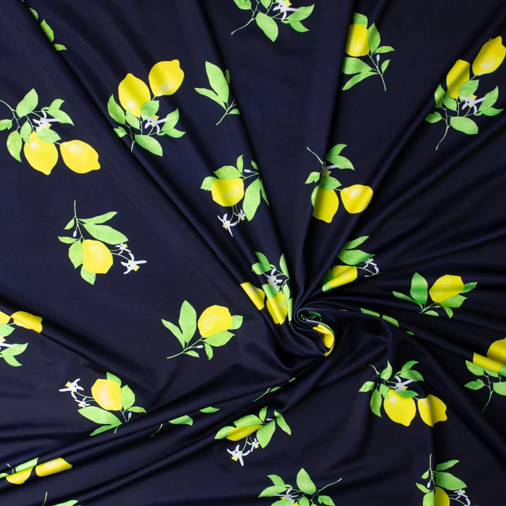 Lemons on Navy Blue Poly/Spandex Knit #33025 Fabric By The Yard - Wide shot