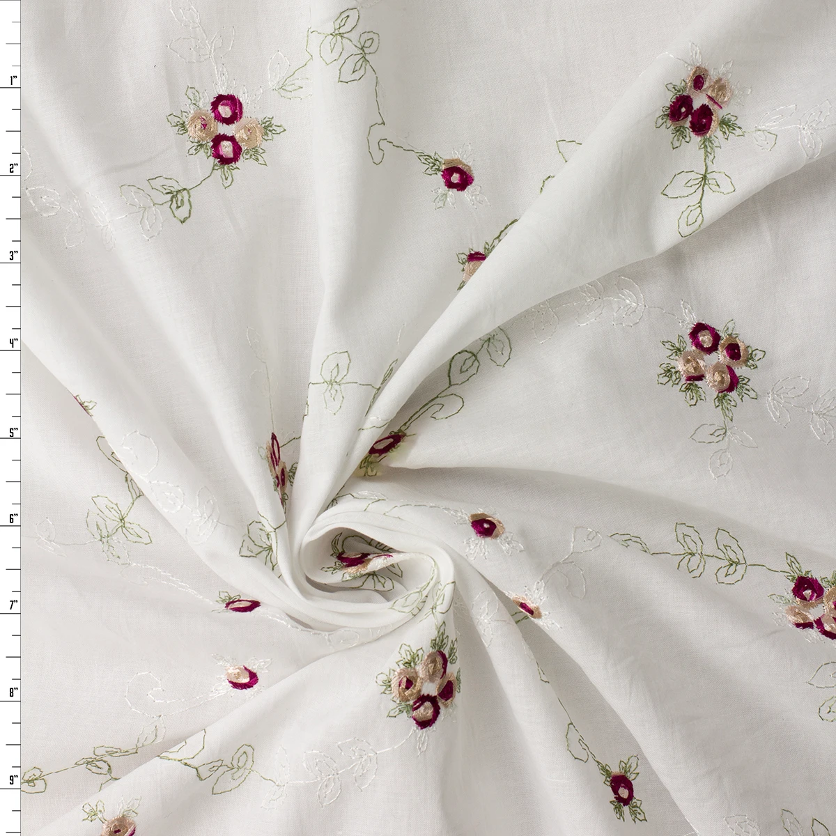 Wine, Pink, and Green Rose Vine Floral on White Embroidered Italian Cotton #33048 Fabric By The Yard