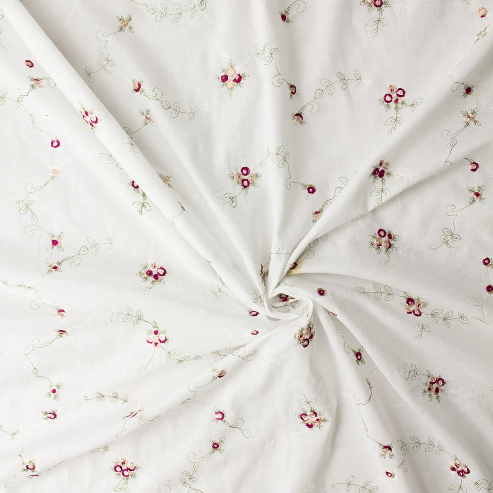 Wine, Pink, and Green Rose Vine Floral on White Embroidered Italian Cotton #33048 Fabric By The Yard - Wide shot