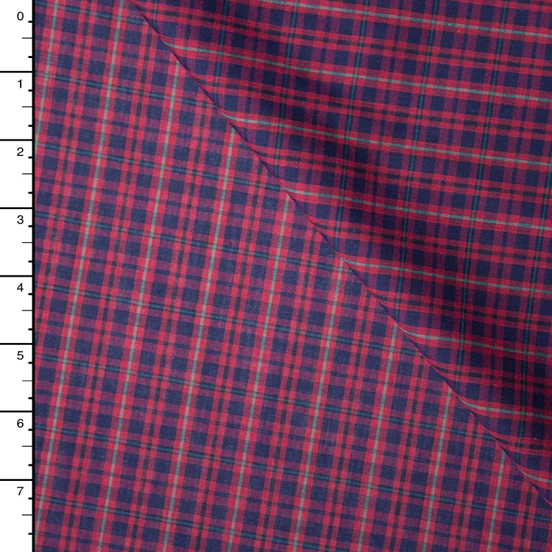 Red, Navy, and Green Tartan Plaid Poly/Cotton Shirting
