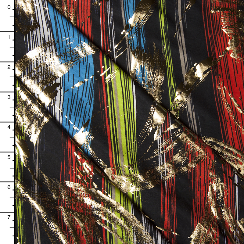 Orange, Lime, and Blue Brushstroke Spandex with Gold Brushstroke Overlay