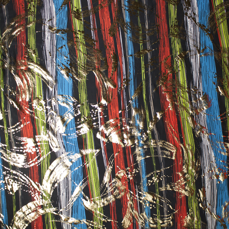 Orange, Lime, and Blue Brushstroke Spandex with Gold Brushstroke Overlay