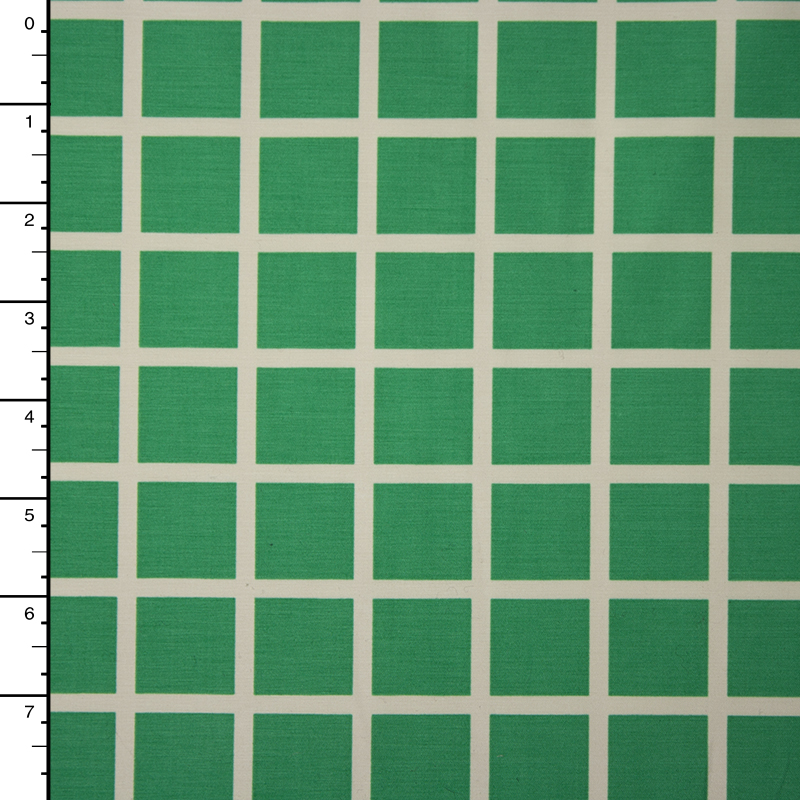 Offwhite and Green Windowpane Check Midweight Stretch Cotton Sateen