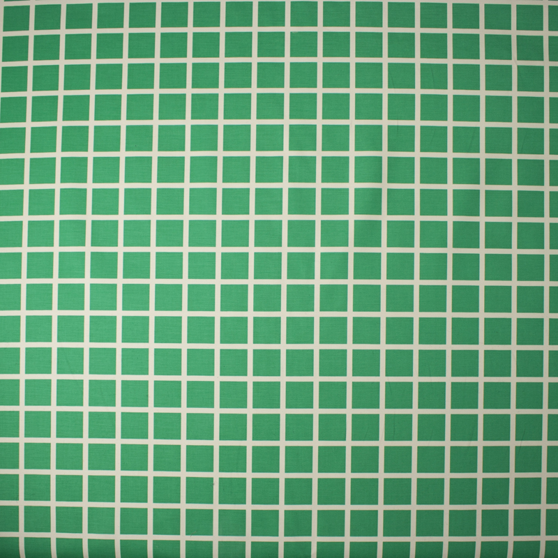 Offwhite and Green Windowpane Check Midweight Stretch Cotton Sateen