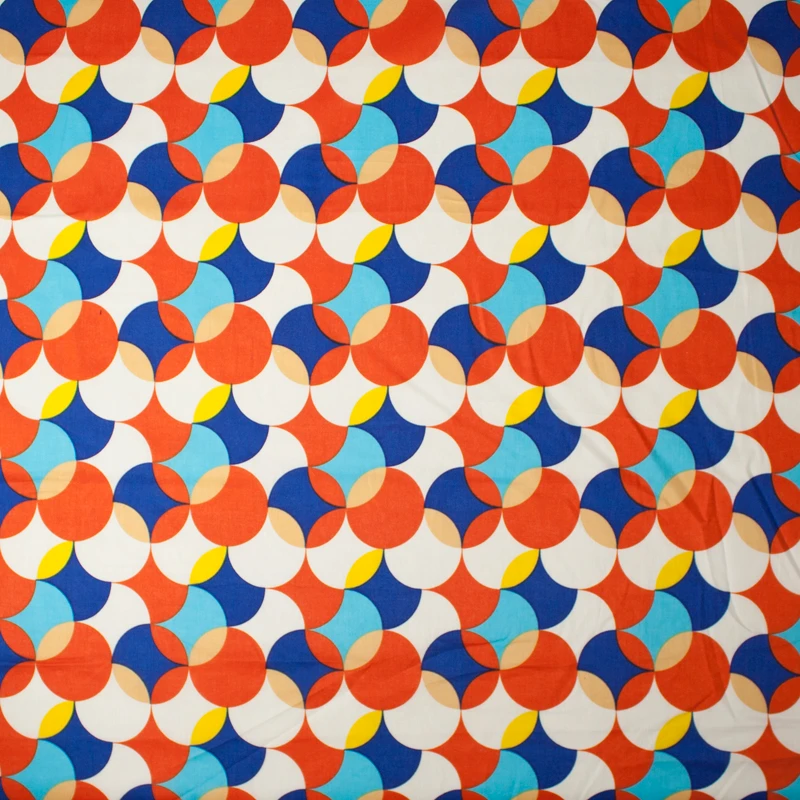 Orange, Blue, White, and Yellow Overlapping Circles Geometric Cotton Lawn Print