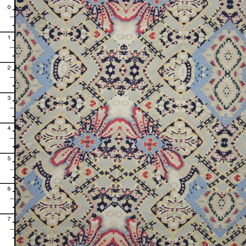 Mint, Red, and Baby Blue Ornamental Stretch Cotton Jersey PrintMint, Red, and Baby Blue Ornamental Stretch Cotton Jersey Print