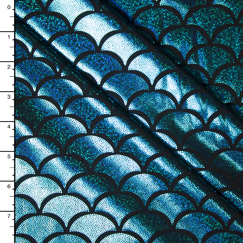 Ocean Blue on Black Holographic Mermaid Scale Nylon/Lycra