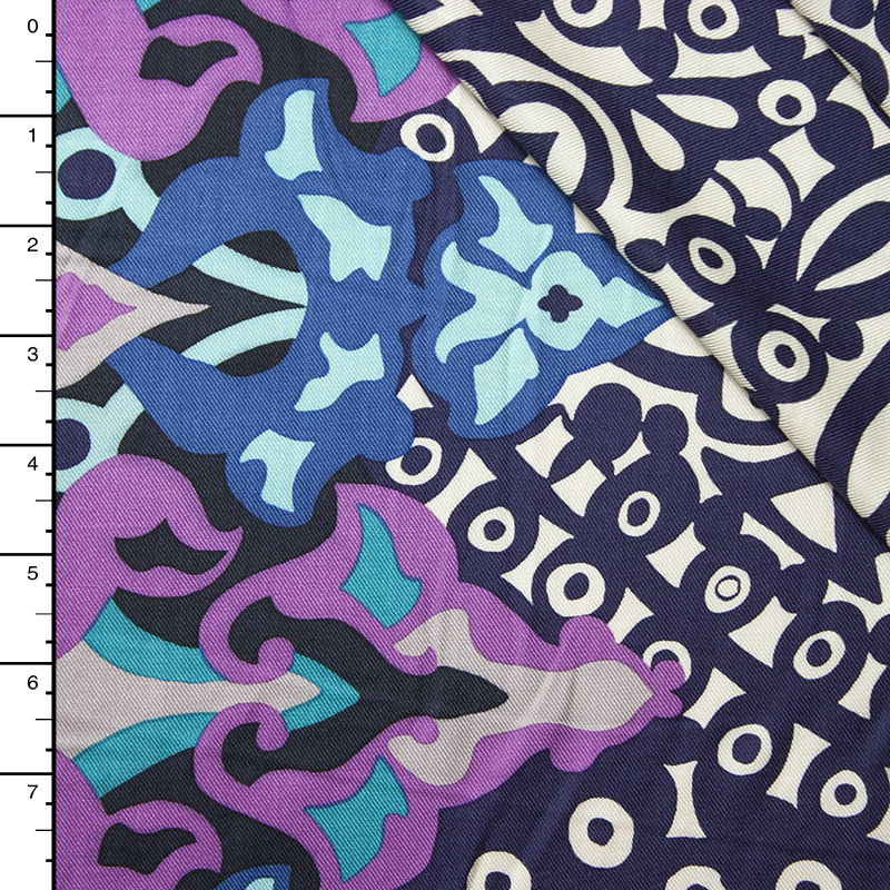 Lavander and Navy Ornate Border Print Rayon Gabardine