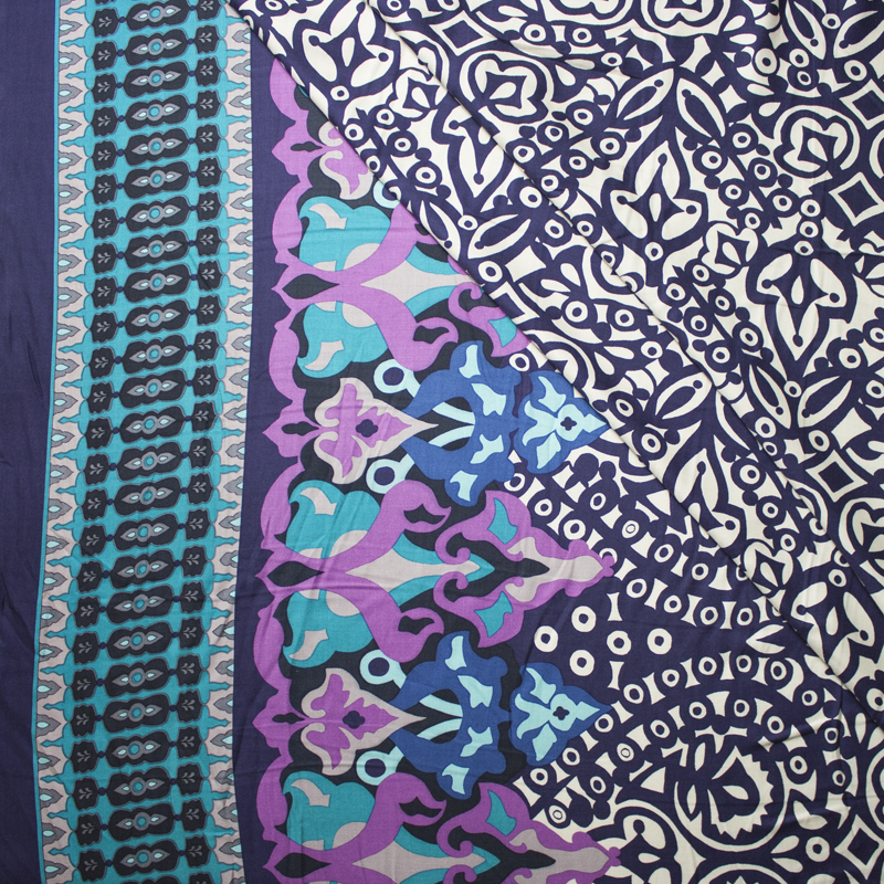 Lavander and Navy Ornate Border Print Rayon Gabardine