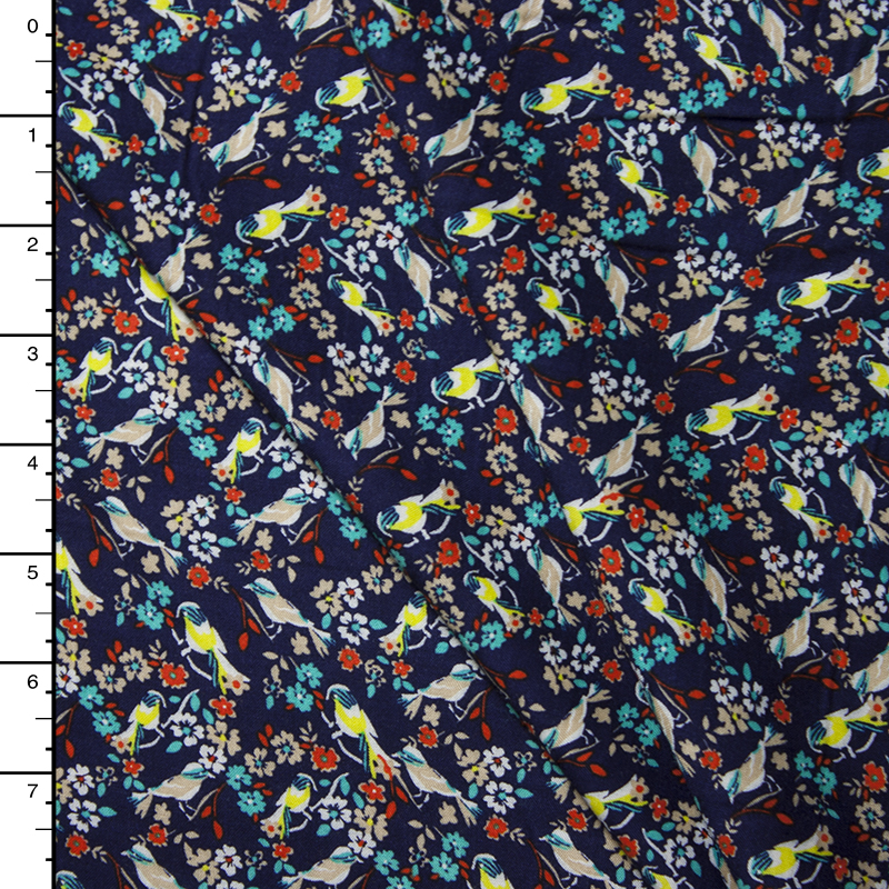 Yellow and Navy Birds and Flowers Rayon Challis
