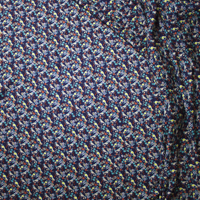 Yellow and Navy Birds and Flowers Rayon Challis