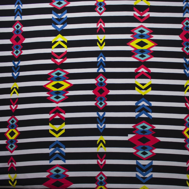 Bright Geometric on Black and White Stripe Stretch Jersey Print
