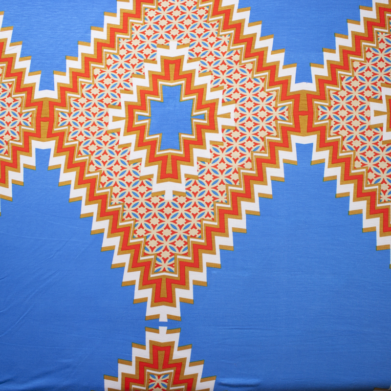 Large Orange and White Diamonds on Bright Blue Stretch Jersey