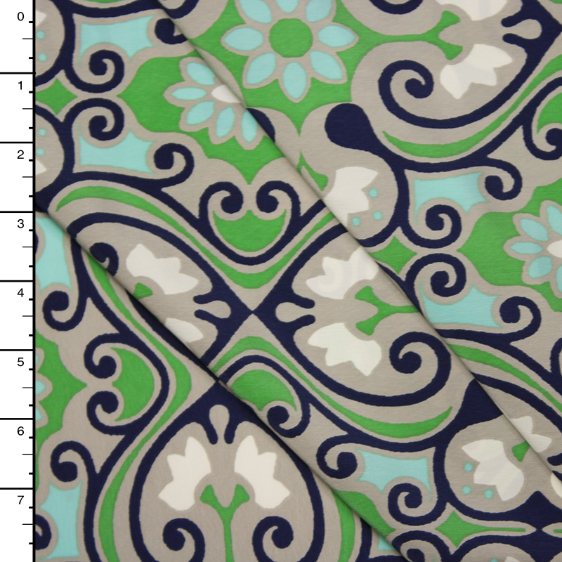 Aqua and Lime Floral Scrollwork Polyester Peachskin Print