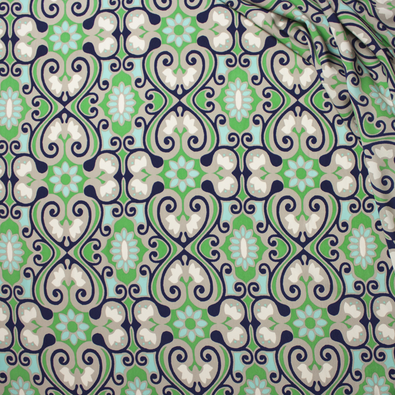 Aqua and Lime Floral Scrollwork Polyester Peachskin Print