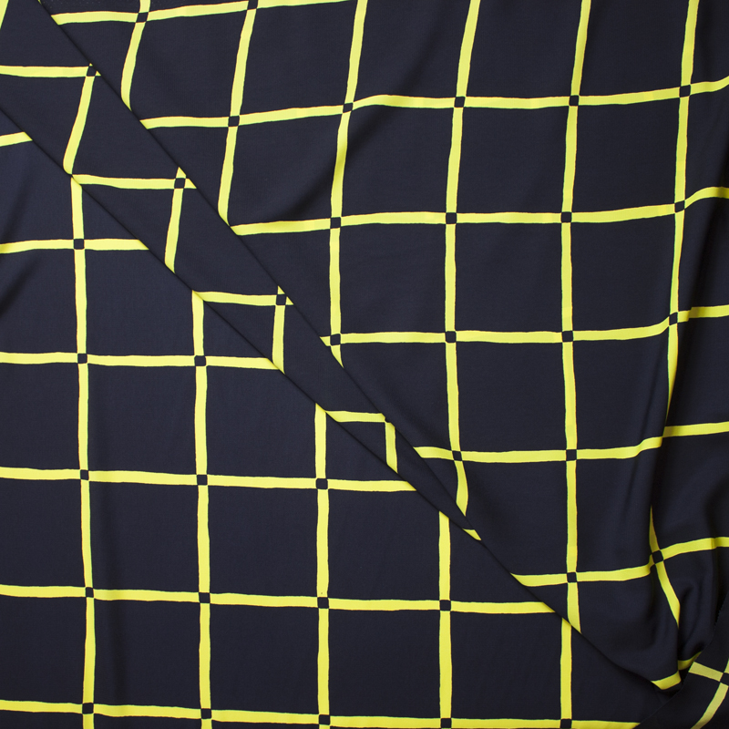 Yellow Windowpane Check on Navy Polyester Peachskin Print